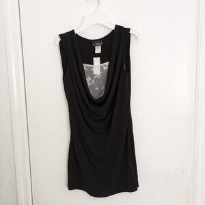 NWT vintage Y2K deep cowl neck black sleeveless dressy top white lace panel
